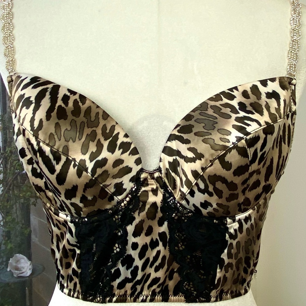 GUESS NWT Leopard Print Lace Rhinestone Strap Bustier Corset Giftable Bra Top, M - Picture 10 of 11